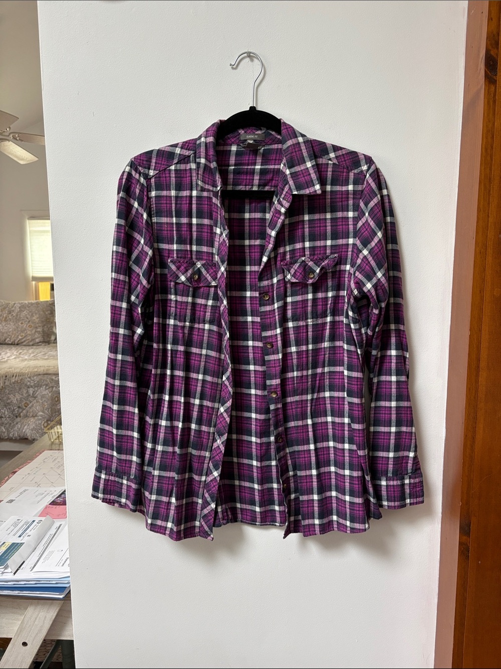 Eddie Bauer Purple/Black/White Plaid Button-Down Flannel Shirt,Classic Fit,Med